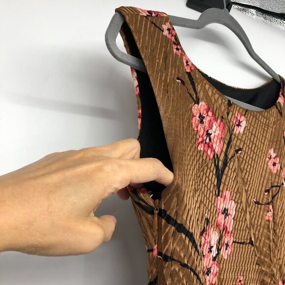 Le Chateau Bronze Floral Cherry Blossom Asymmetrical Draped Midi Dress size S - Picture 14 of 15